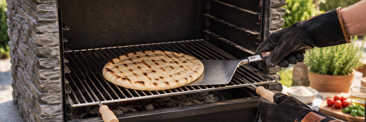 Masa de pizza en barbacoa de obra