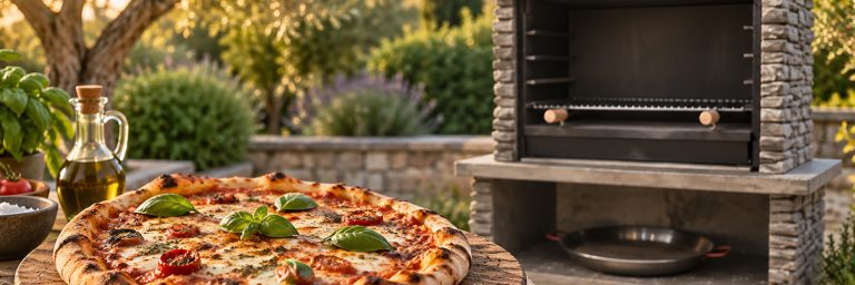 Pizza en barbacoa de obra con parrilla