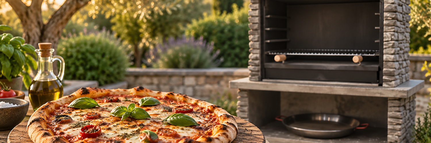 Pizza en barbacoa de obra con parrilla