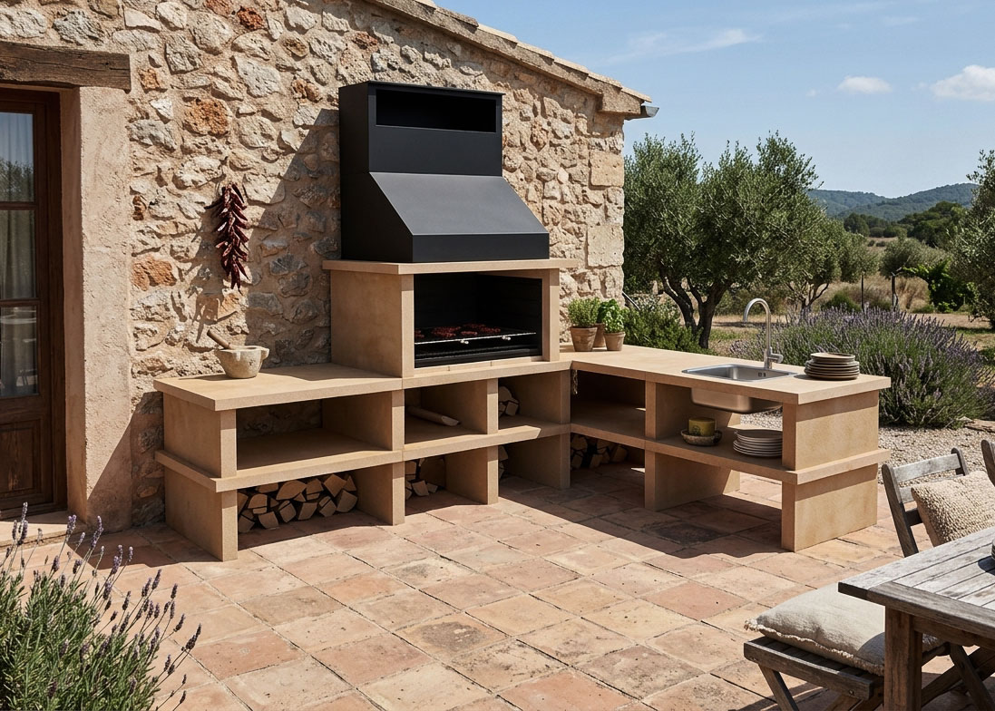 Barbacoa de obra con campana negra y fregadero en una terraza rústica de piedra
